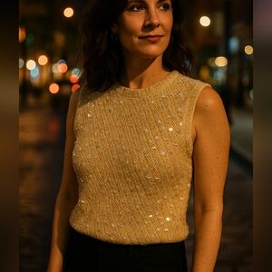 Vintage 60s CYN LES Hand Beaded Cream Wool Sequin‎ Paillette Sweater Vest Small